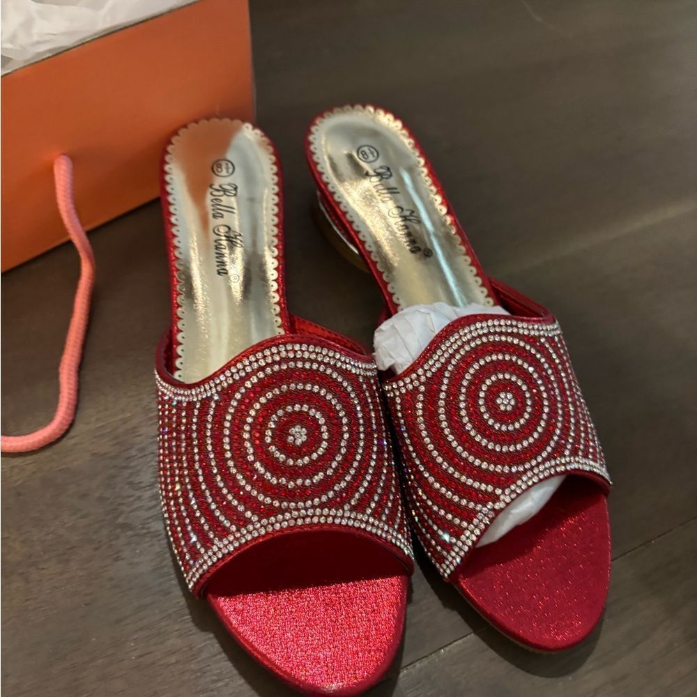 Elegant Bella Hanna Red Rhinestone Bling Women's Slide Sandals Sz 8 1/2